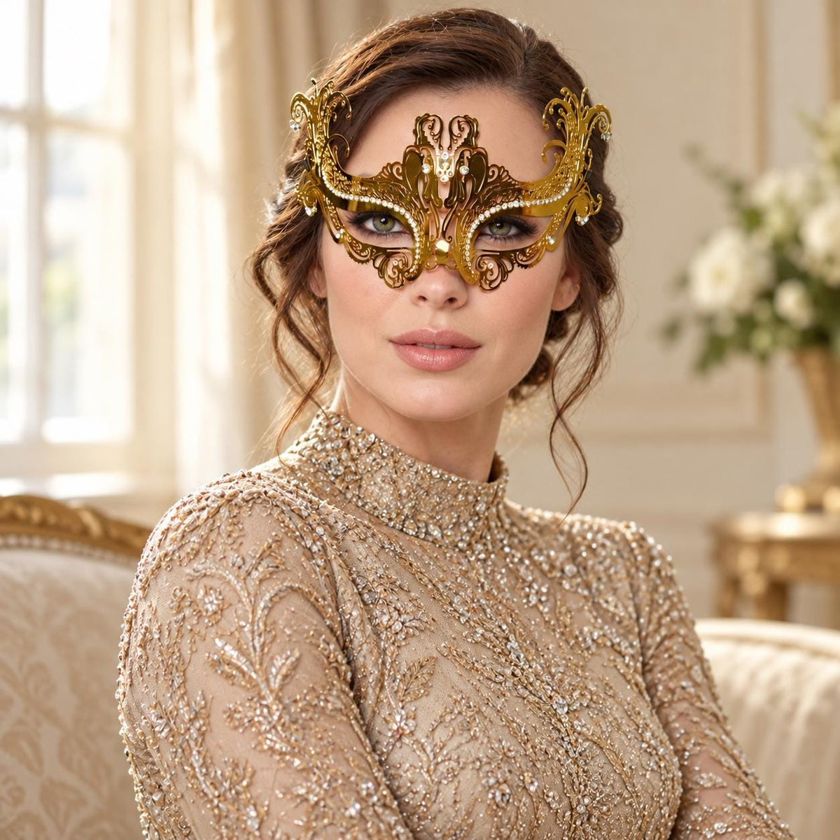 Gold Masquerade Mask with Clear Rhinestones for Women, Raised Sides Eye Mask for Prom and Costume Parties - image 2