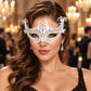 White Masquerade Mask with Clear Rhinestones for Women, Raised Sides Eye Mask for Prom and Costume Parties - main image