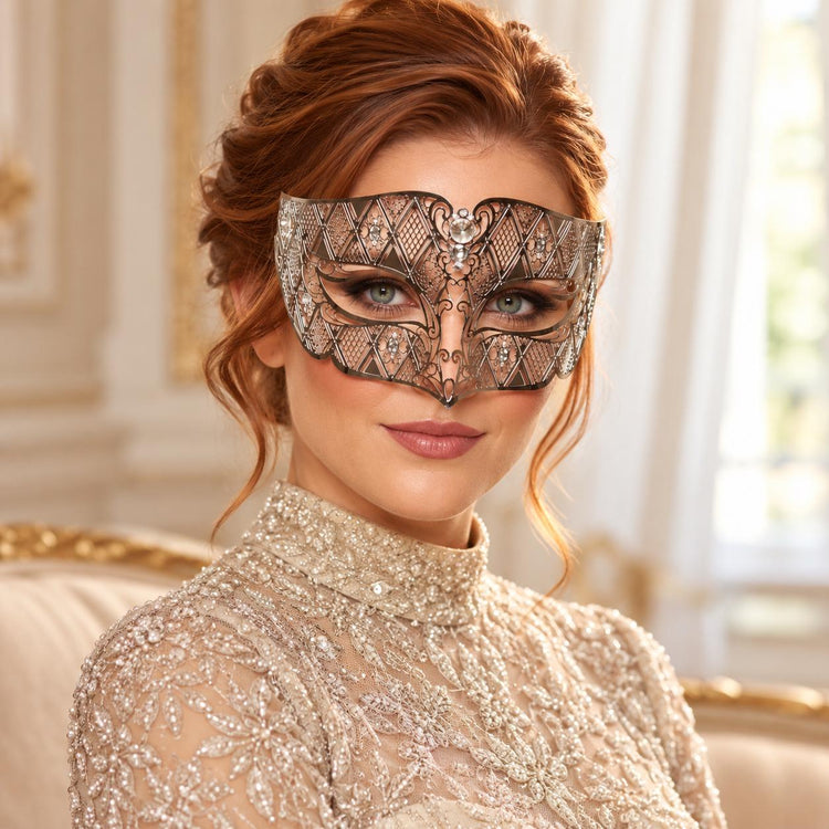 Silver Diamond Masquerade Mask with Clear Rhinestones for Men and Women, Metal Eye Mask for Prom and Costume Parties - image 2