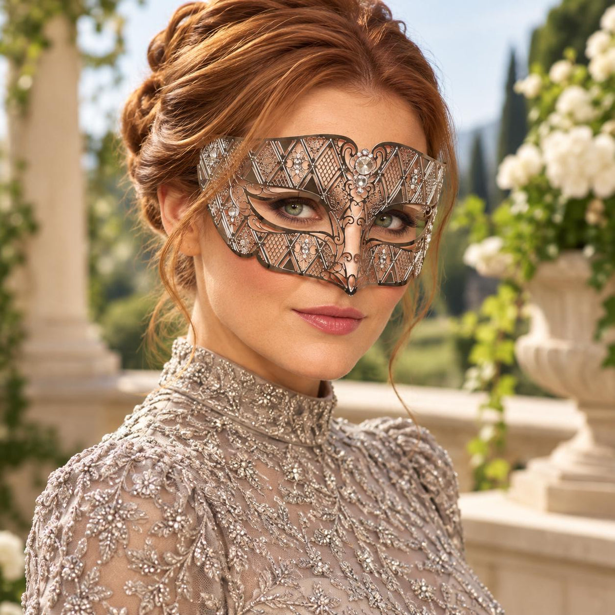 Silver Diamond Masquerade Mask with Clear Rhinestones for Men and Women, Metal Eye Mask for Prom and Costume Parties - image 4