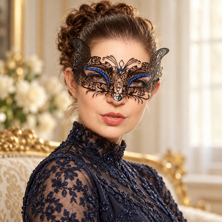 Black Butterfly Masquerade Mask with Blue Rhinestones for Women - image 2