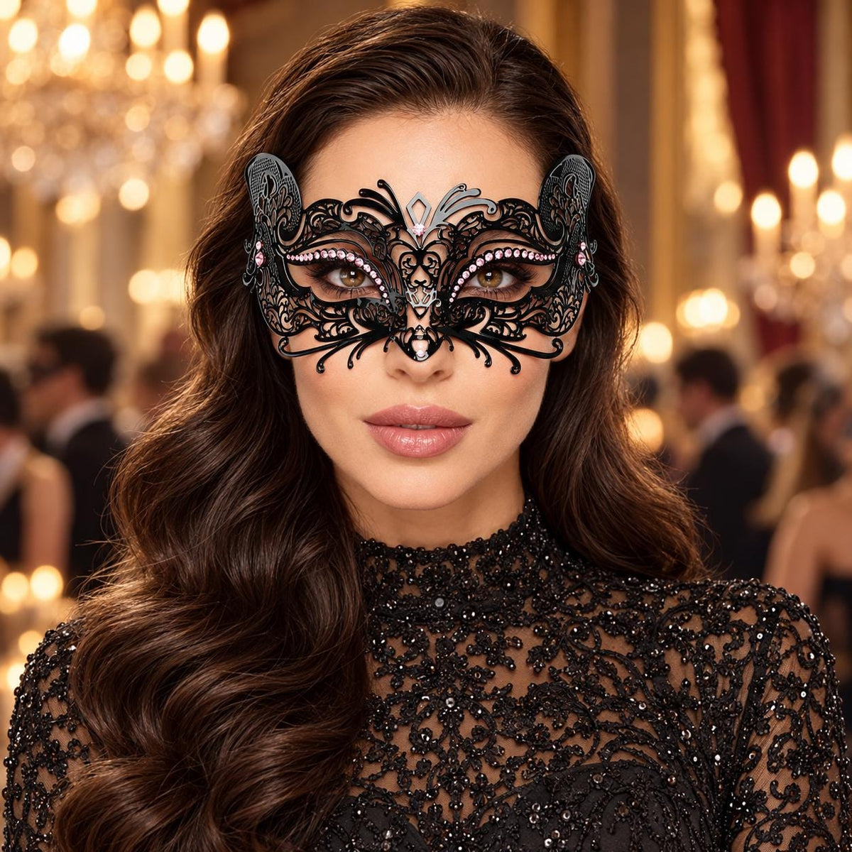 Black Butterfly Masquerade Mask with Pink Rhinestones for Women - main image