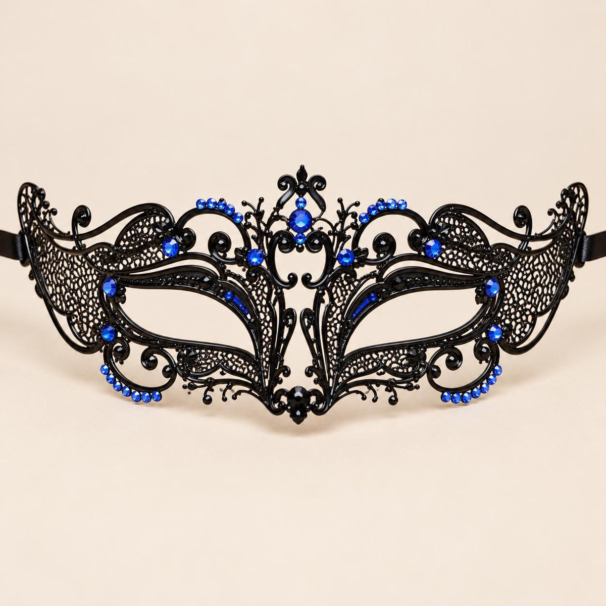 Black Curved Cutout Masquerade Mask with Blue Rhinestones for Women - image 5