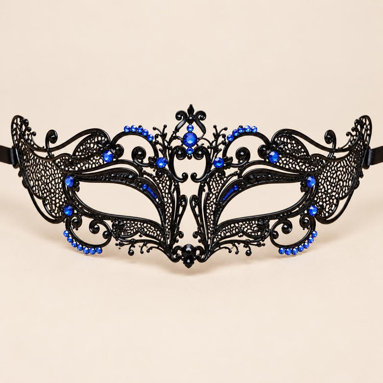 Black Curved Cutout Masquerade Mask with Blue Rhinestones for Women - image 5