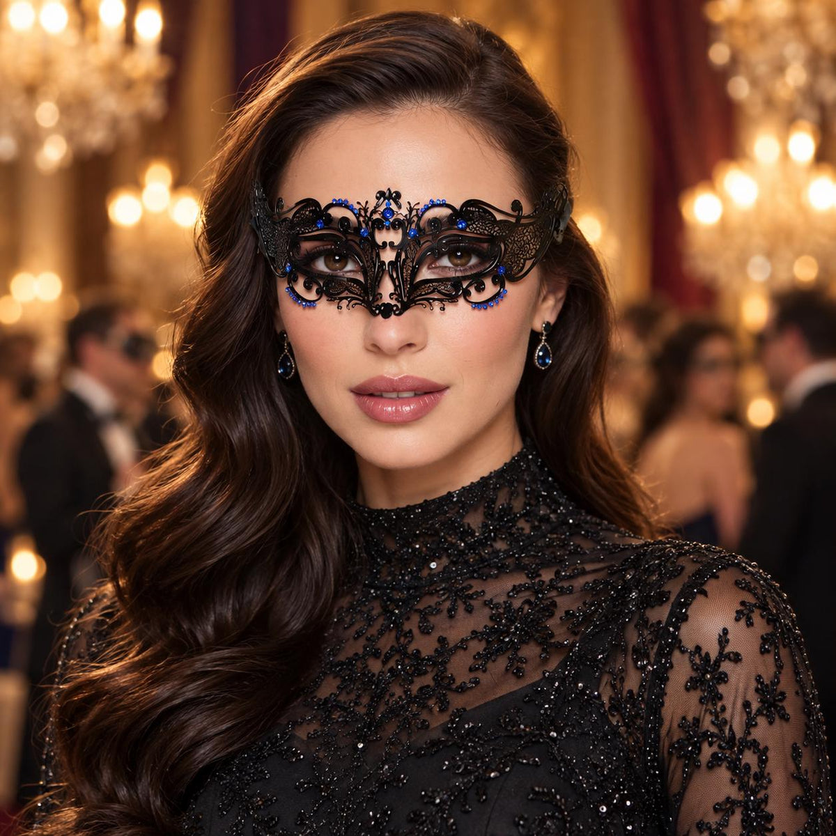 Black Curved Cutout Masquerade Mask with Blue Rhinestones for Women - main image