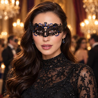 Black Curved Cutout Masquerade Mask with Blue Rhinestones for Women - main image
