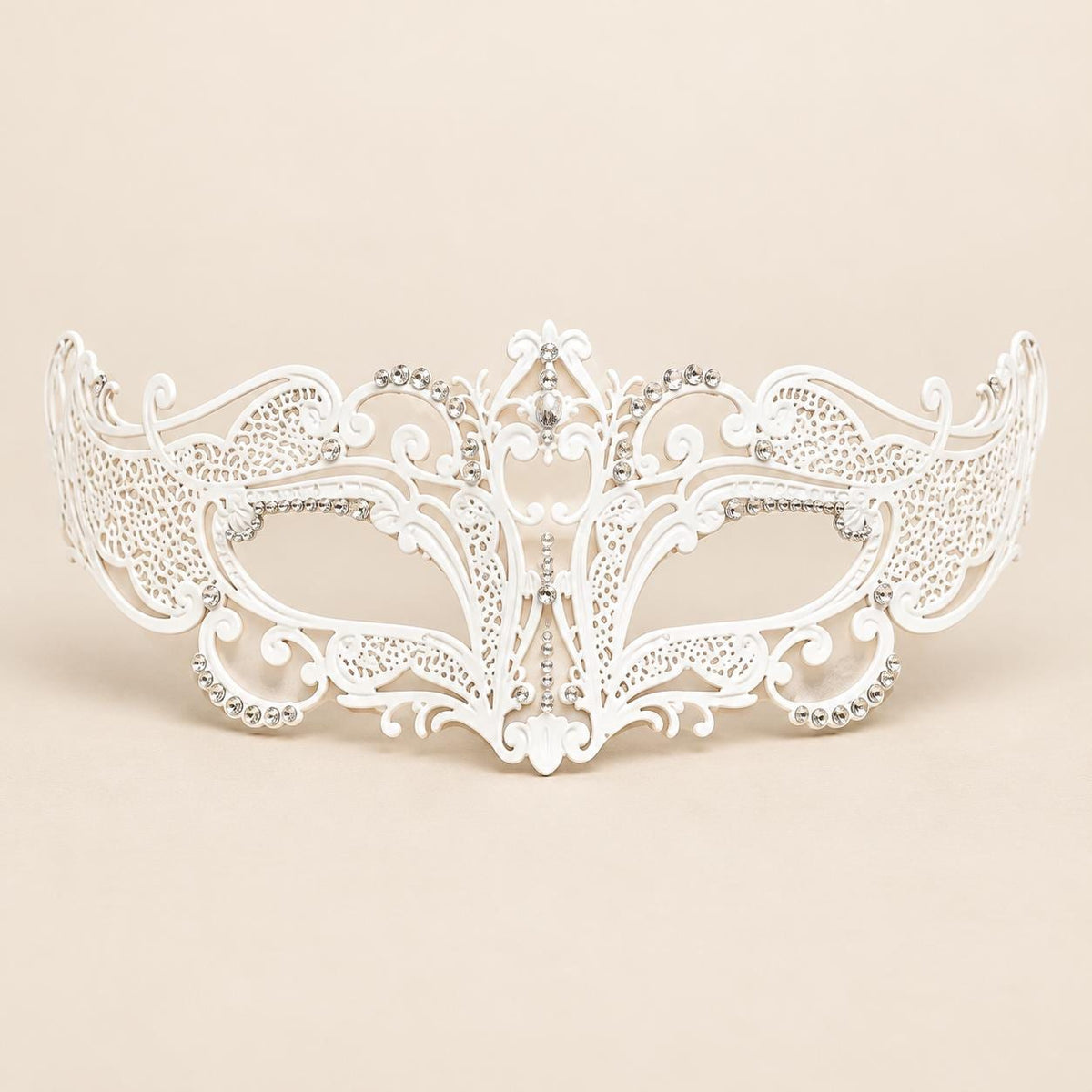 White Curved Cutout Masquerade Mask with Clear Rhinestones for Women - image 5