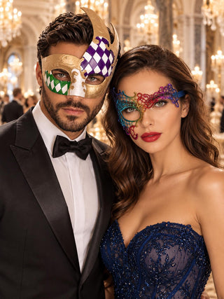 Rainbow Phantom Lace Mask for Women & Gold Purple Green Checkered Mask for Men | Colorful Venetian Masquerade Couple Set - main image