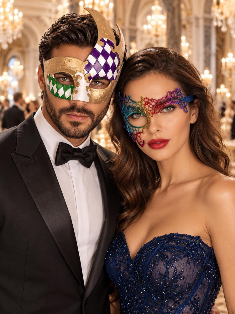Rainbow Phantom Lace Mask for Women & Gold Purple Green Checkered Mask for Men | Colorful Venetian Masquerade Couple Set - main image