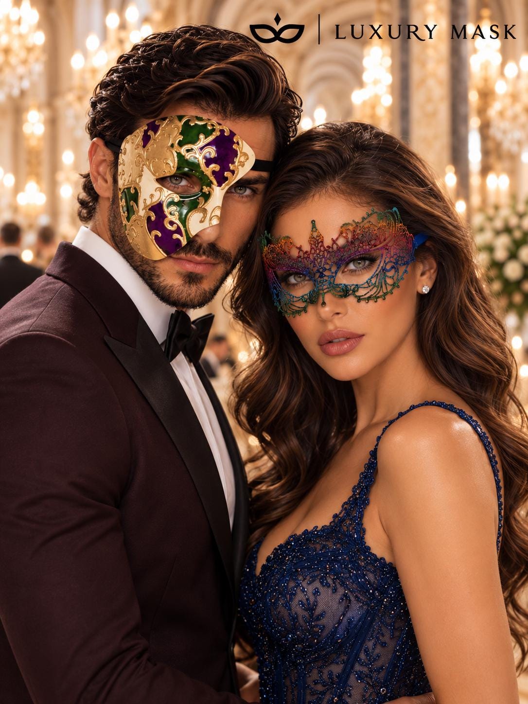 Purple Gold Green One Eye Phantom Mask for Men with Rainbow Lace Mask for Women | Colorful Venetian Masquerade Duo - image 2