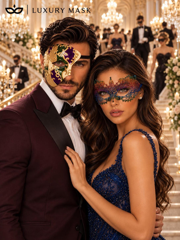 Purple Gold Green One Eye Phantom Mask for Men with Rainbow Lace Mask for Women | Colorful Venetian Masquerade Duo - image 4
