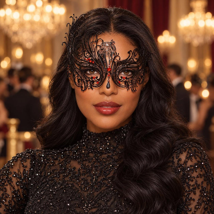 Black Swan Wing Masquerade Mask with Red Rhinestones for Women - main image
