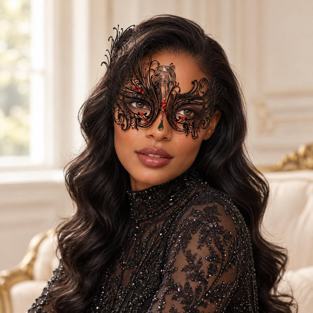 Black Swan Wing Masquerade Mask with Red Rhinestones for Women - image 2