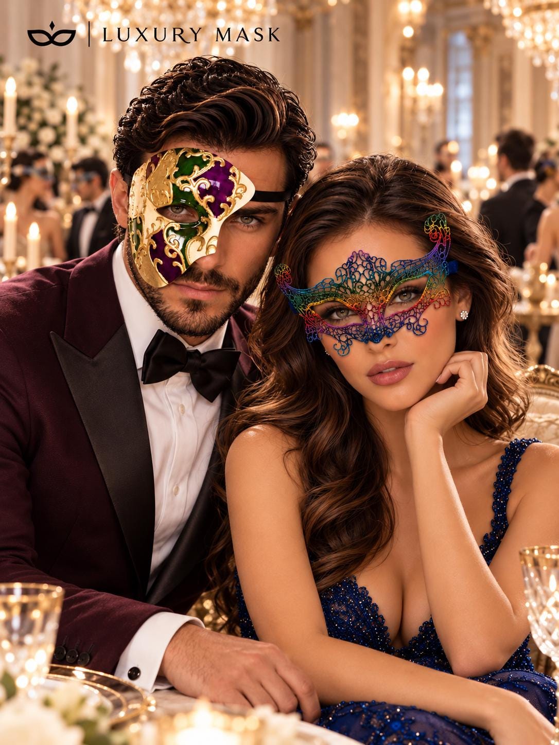 Rainbow Crown Lace Mask for Women & Purple Gold Green One Eye Phantom Mask for Men | Colorful Venetian Masquerade Set - image 3