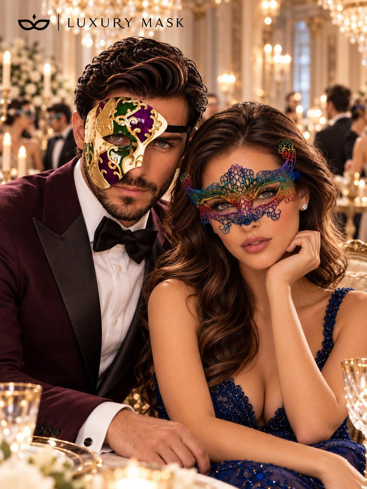 Rainbow Crown Lace Mask for Women & Purple Gold Green One Eye Phantom Mask for Men | Colorful Venetian Masquerade Set - image 3