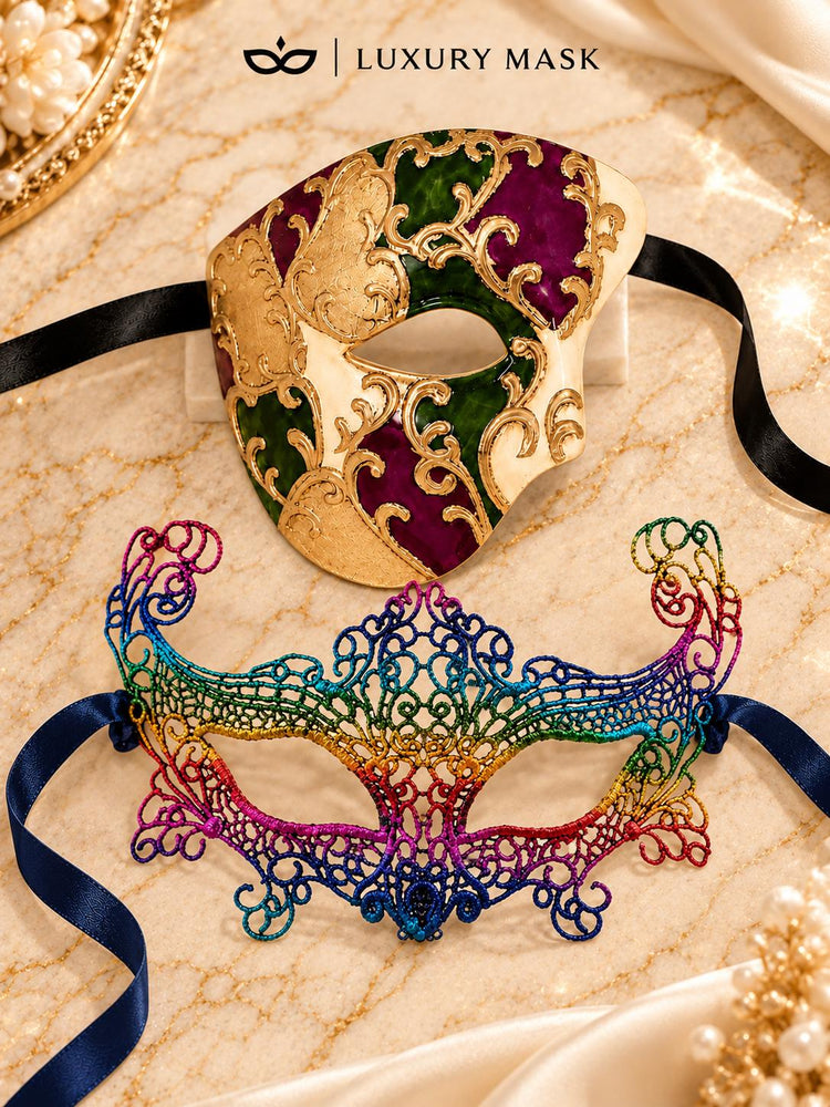 Rainbow Crown Lace Mask for Women & Purple Gold Green One Eye Phantom Mask for Men | Colorful Venetian Masquerade Set - image 6
