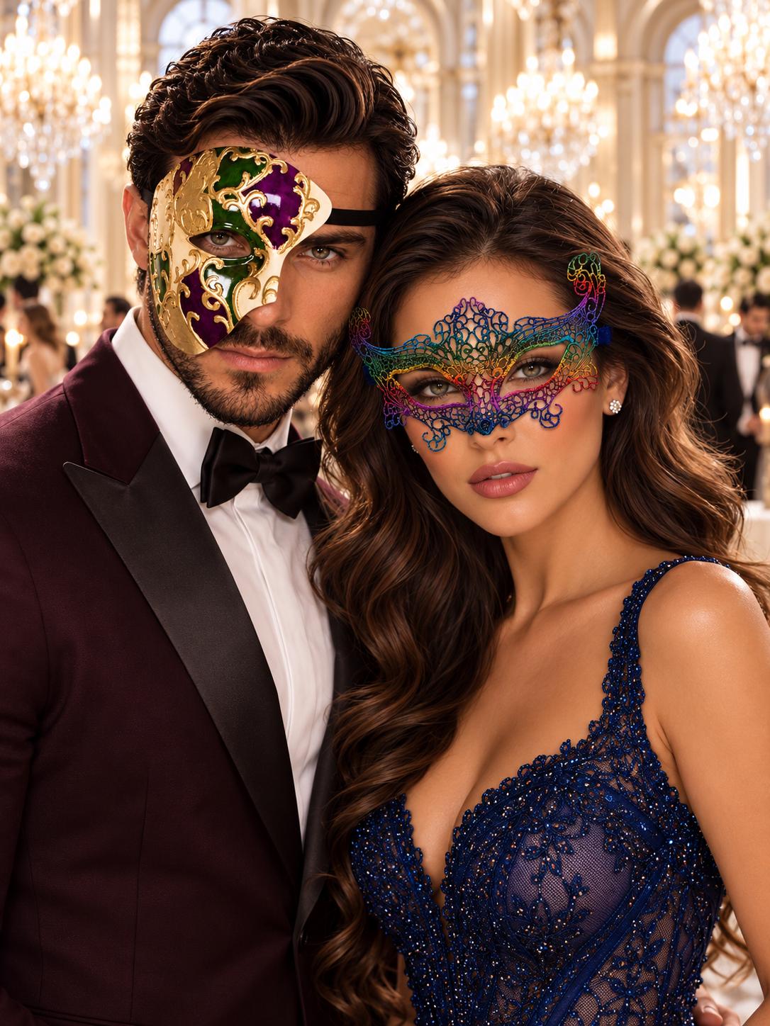 Rainbow Crown Lace Mask for Women & Purple Gold Green One Eye Phantom Mask for Men | Colorful Venetian Masquerade Set - main image