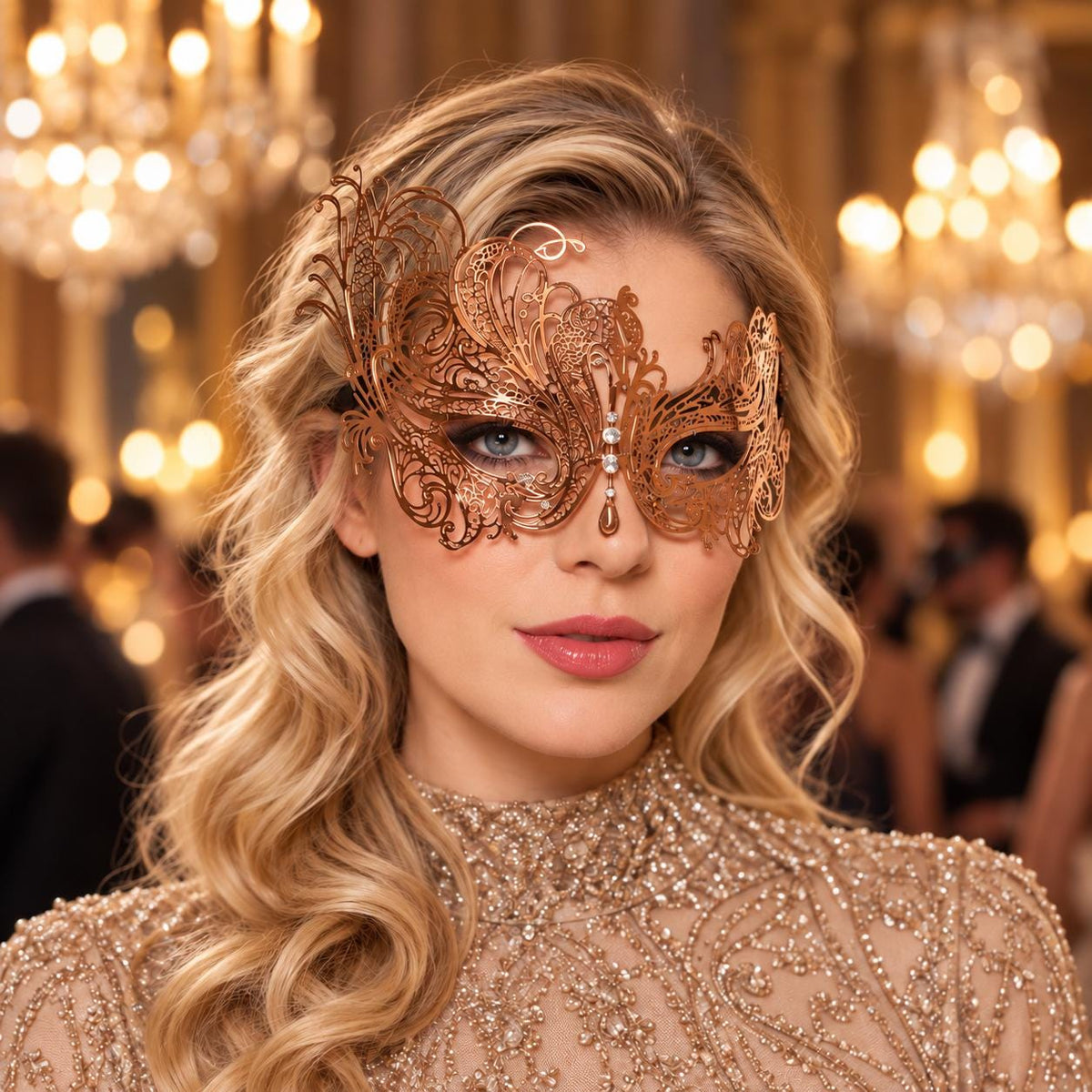 Rose Gold Swan Wing Masquerade Mask with Clear Rhinestones for Women - main image