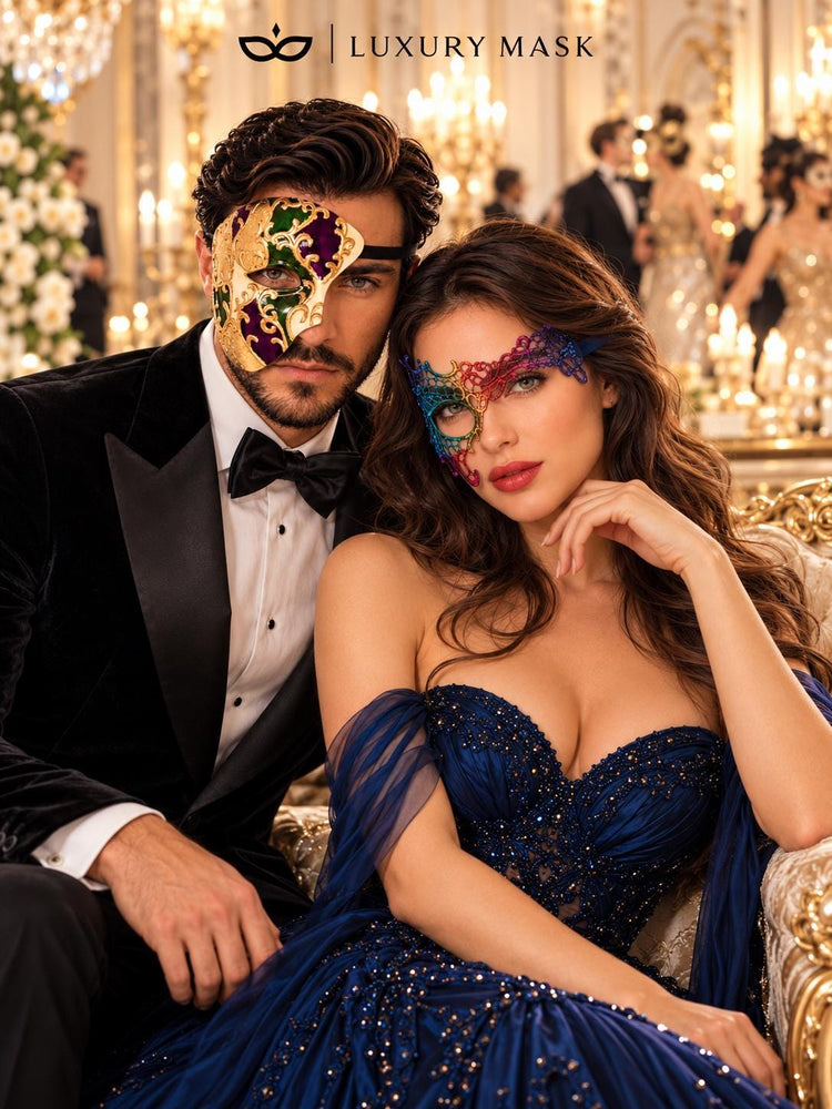 Rainbow Phantom Lace Mask for Women with Purple Gold Green One Eye Phantom Mask for Men | Venetian Masquerade Couple Set - image 3