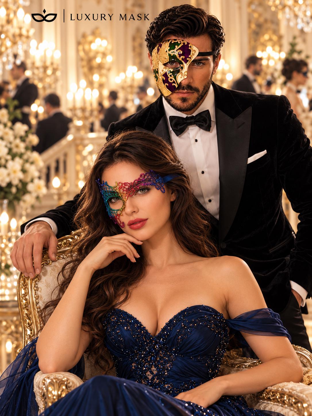 Rainbow Phantom Lace Mask for Women with Purple Gold Green One Eye Phantom Mask for Men | Venetian Masquerade Couple Set - image 5