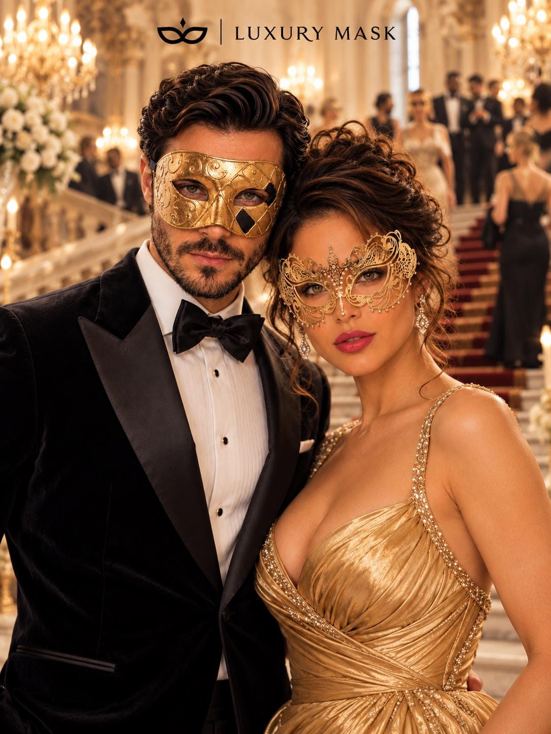Gold Art Venetian Mask for Men & Gold Rhinestone Metal Mask for Women | His and Hers Masquerade Couple Set - image 3
