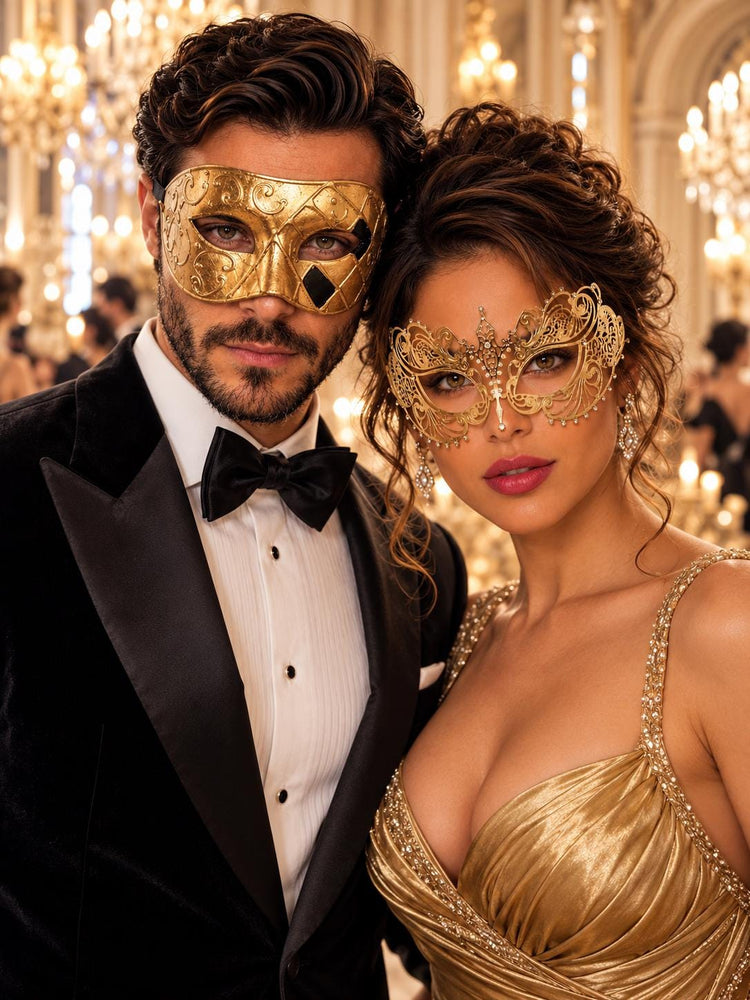 Gold Art Venetian Mask for Men & Gold Rhinestone Metal Mask for Women | His and Hers Masquerade Couple Set - main image