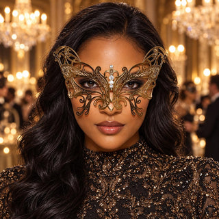 Gold Butterfly Masquerade Mask with Clear Rhinestones for Women - main image
