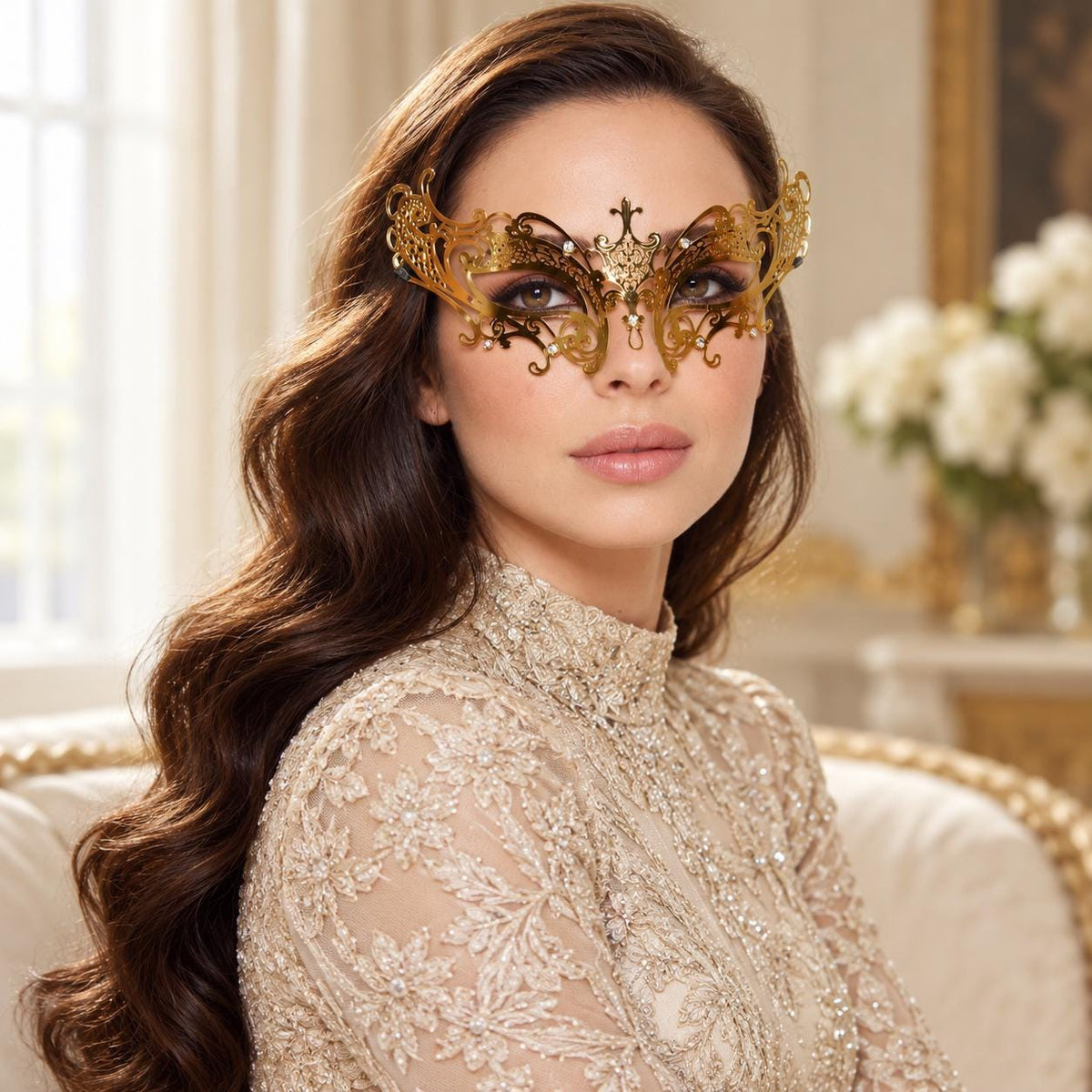 Gold Curled Cutout Masquerade Mask with Clear Rhinestones for Women - image 2