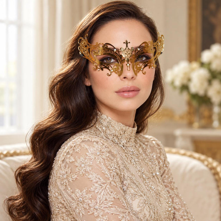 Gold Curled Cutout Masquerade Mask with Clear Rhinestones for Women - image 2
