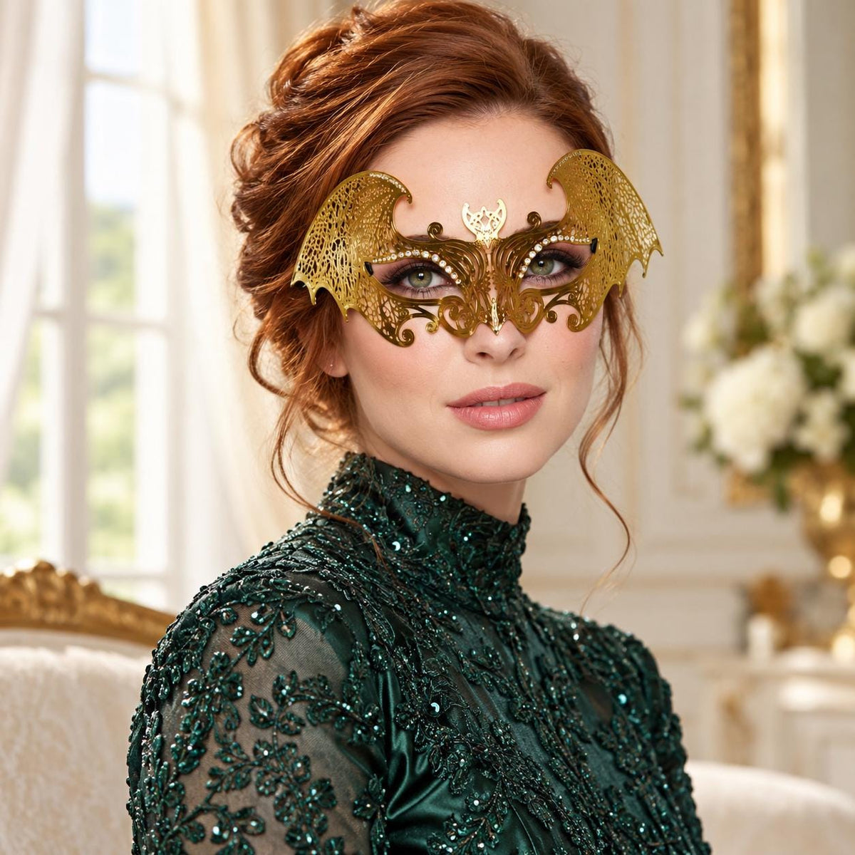 Gold Bat Wing Masquerade Mask with Clear Rhinestones for Women, Halloween Costume Eye Mask - image 2