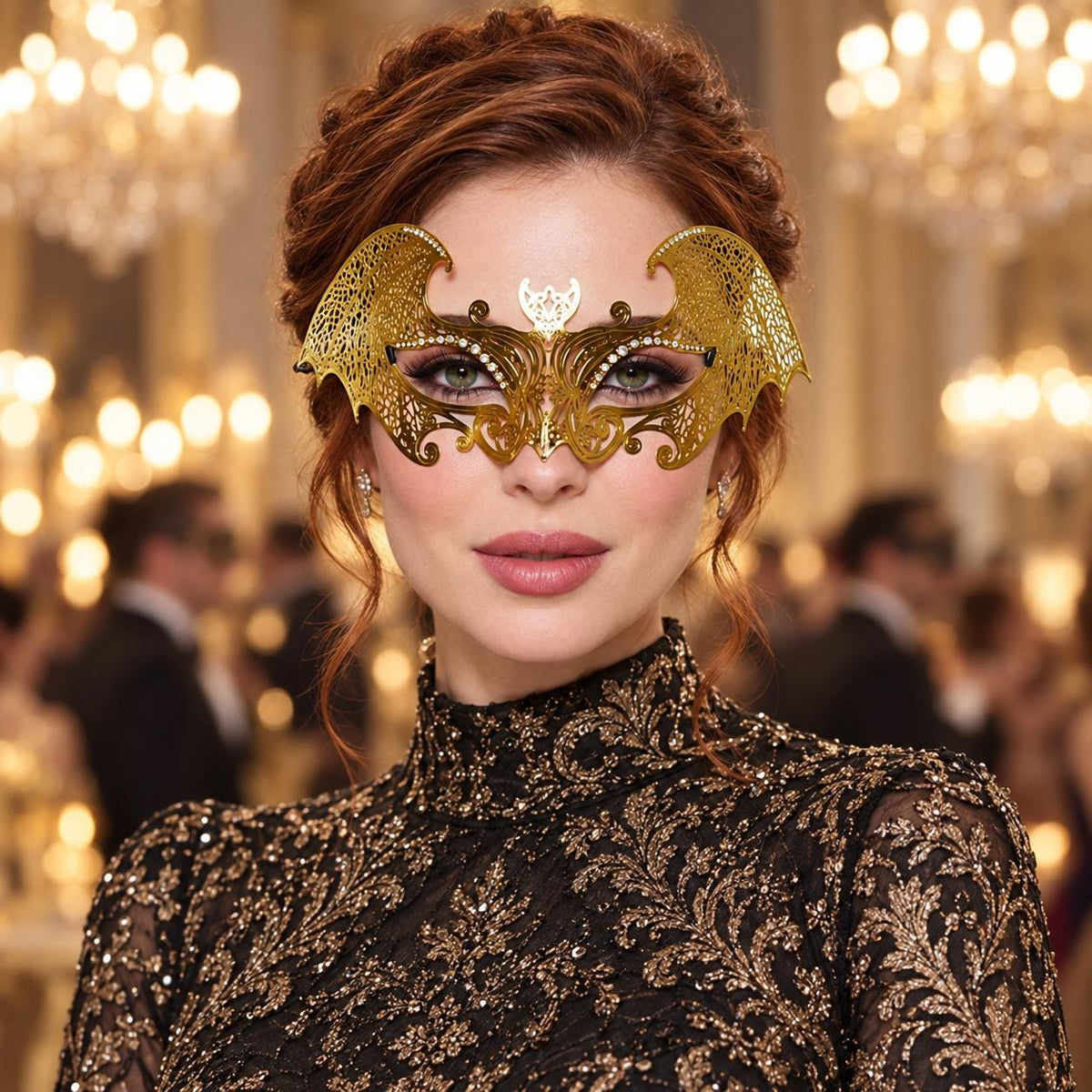 Gold Bat Wing Masquerade Mask with Clear Rhinestones for Women, Halloween Costume Eye Mask - main image