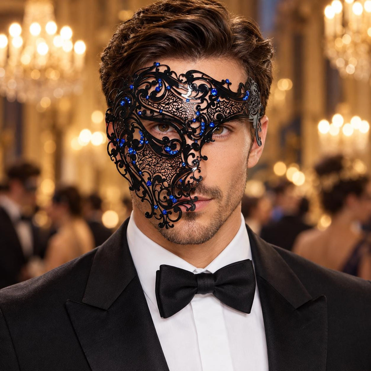 Black Side Masquerade Mask with Blue Rhinestones for Men - main image