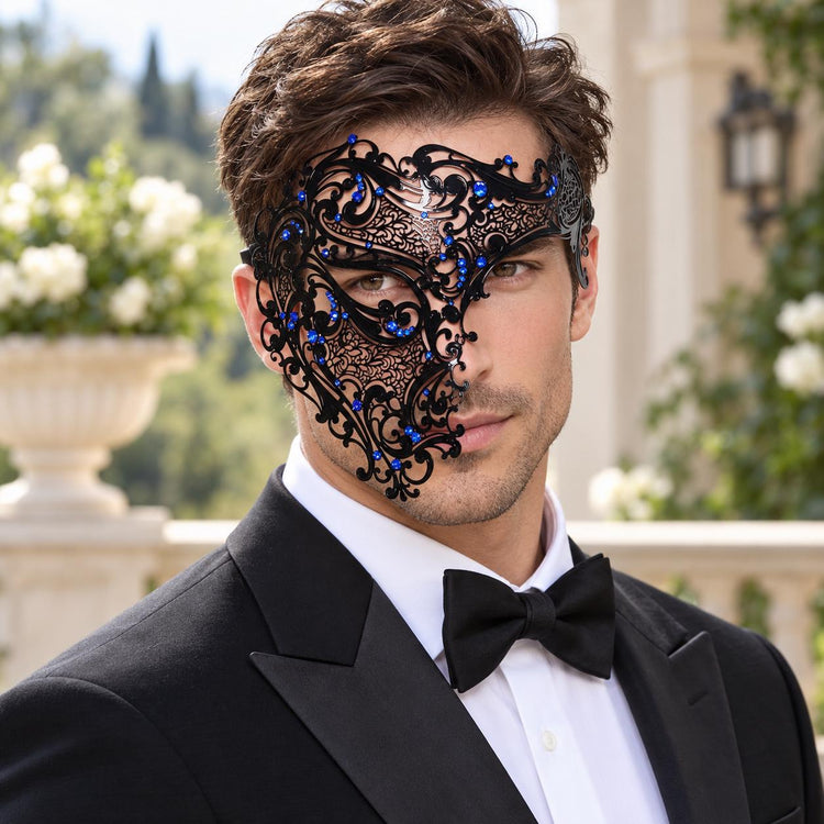 Black Side Masquerade Mask with Blue Rhinestones for Men - image 4