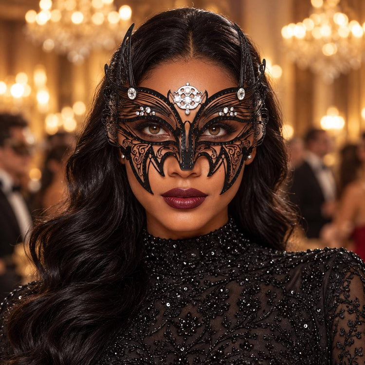 Black Pointed Masquerade Mask with Clear Rhinestones for Women - main image
