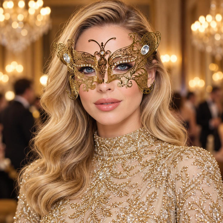 Gold Butterfly Masquerade Mask with Clear Rhinestones for Women - main image