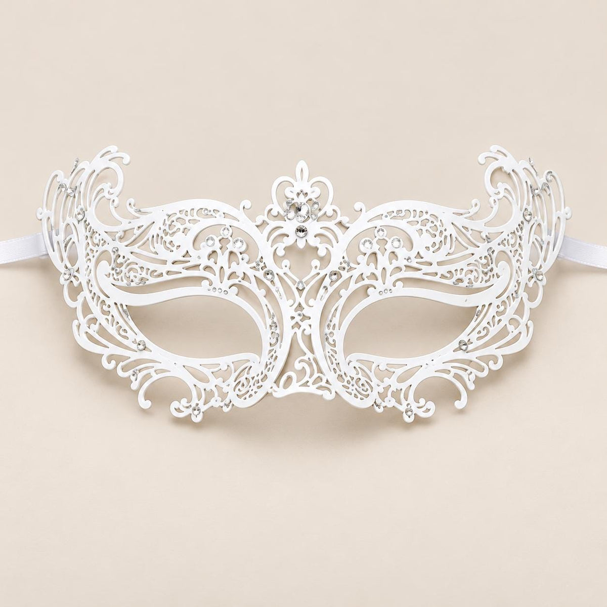 White Curled Cutout Masquerade Mask with Clear Rhinestones for Women - image 5