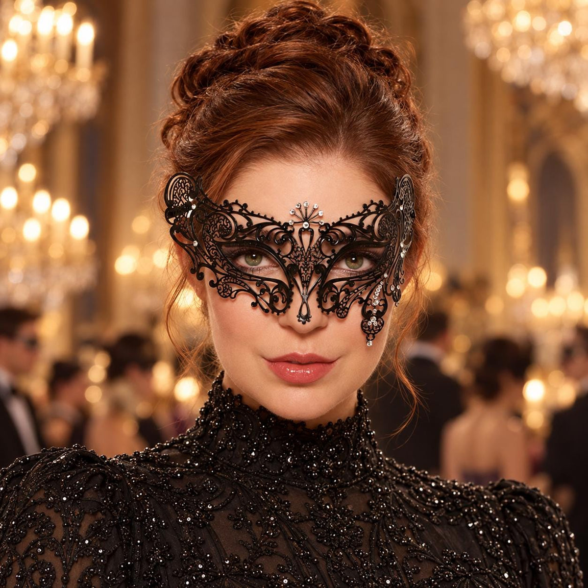 Black Drop Masquerade Mask with Clear Rhinestones for Women - main image