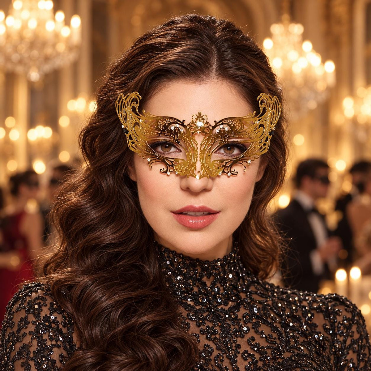 Gold Curled Cutout Masquerade Mask with Clear Rhinestones for Women - main image