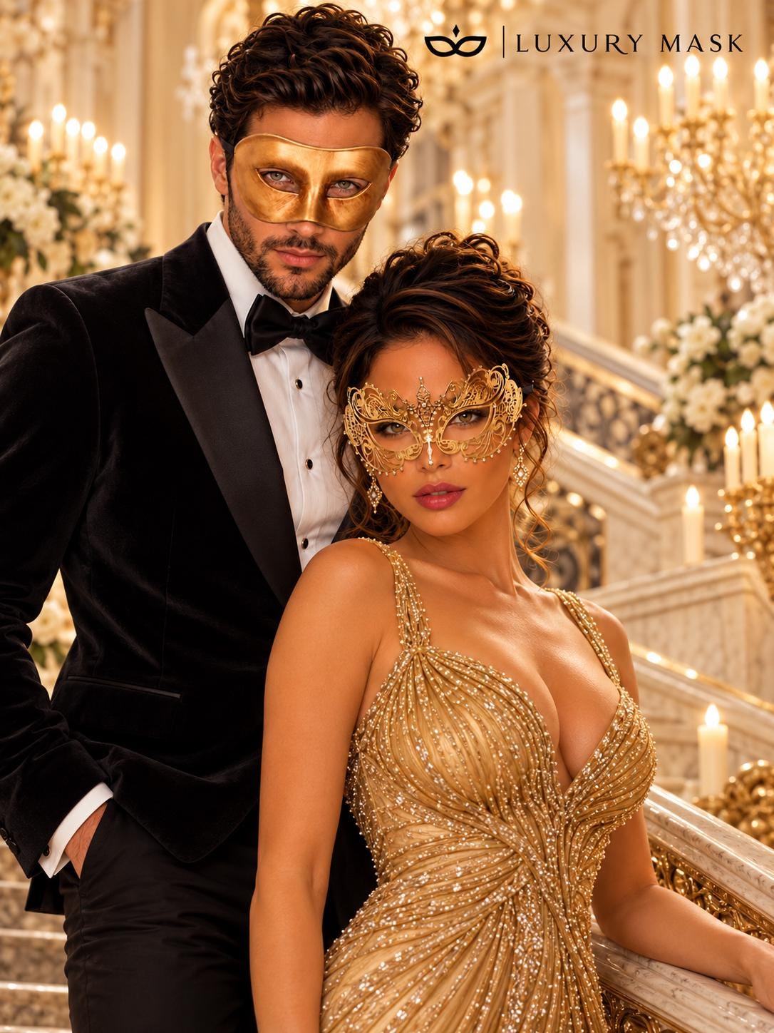 Gold Classic Venetian Mask for Men & Gold Rhinestone Metal Mask for Women | Half Face Masquerade Couple Set - image 3