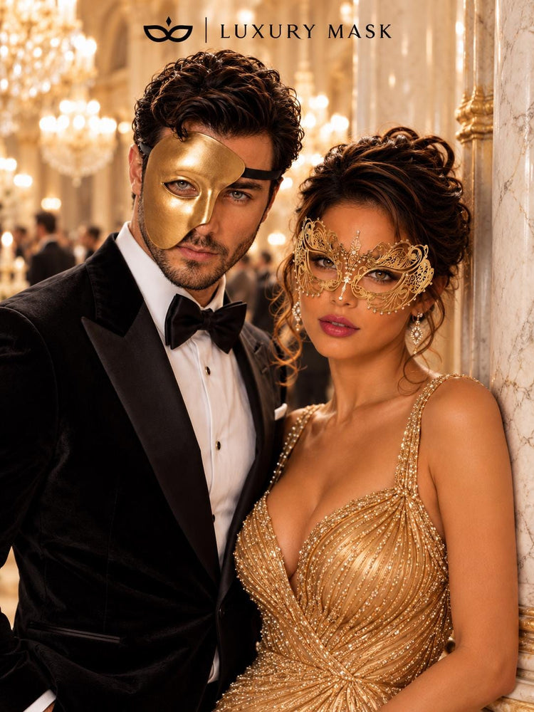 Gold One Eye Phantom Mask for Men & Gold Rhinestone Metal Mask for Women | Venetian Masquerade Couple Set - image 2