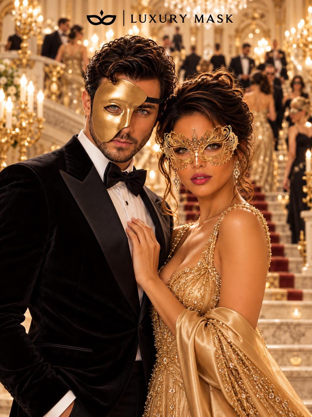 Gold One Eye Phantom Mask for Men & Gold Rhinestone Metal Mask for Women | Venetian Masquerade Couple Set - image 4
