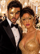 Gold One Eye Phantom Mask for Men & Gold Rhinestone Metal Mask for Women | Venetian Masquerade Couple Set - main image