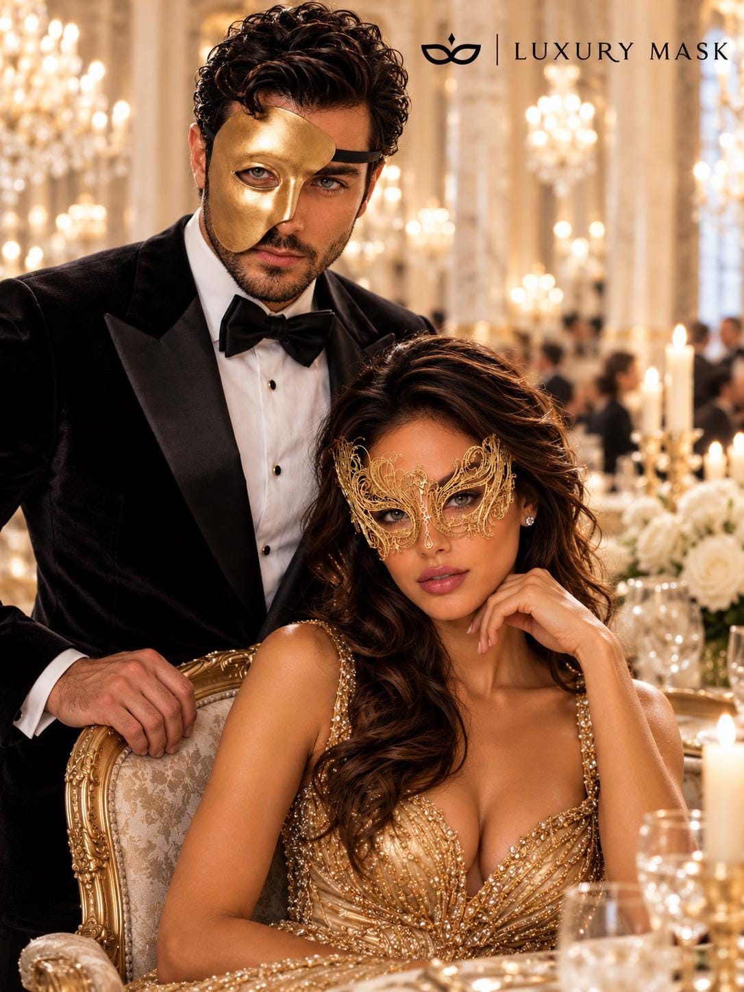 Gold One Eye Phantom Mask for Men with Gold Swan Metal Mask for Women | Venetian Opera Masquerade His and Hers Set - image 3