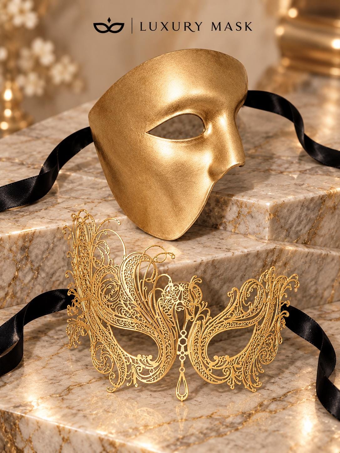 Gold One Eye Phantom Mask for Men with Gold Swan Metal Mask for Women | Venetian Opera Masquerade His and Hers Set - image 6
