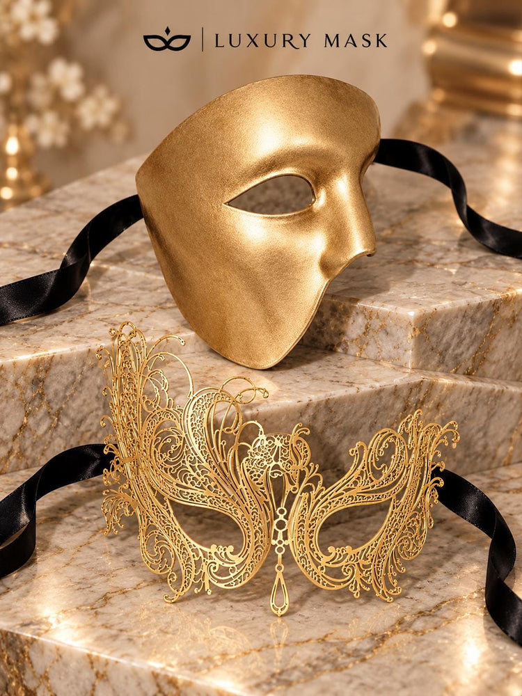 Gold One Eye Phantom Mask for Men with Gold Swan Metal Mask for Women | Venetian Opera Masquerade His and Hers Set - image 6