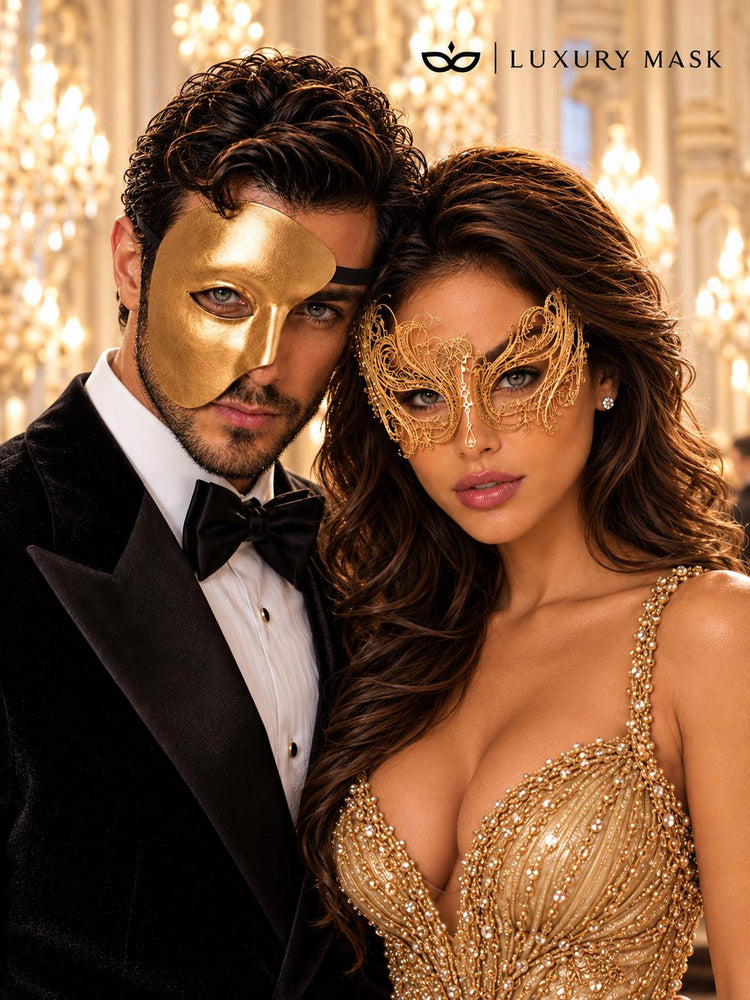 Gold One Eye Phantom Mask for Men with Gold Swan Metal Mask for Women | Venetian Opera Masquerade His and Hers Set - main image