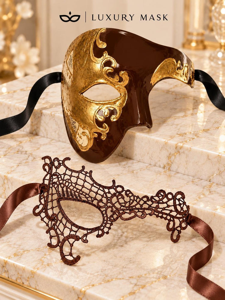 Mocha Brown Gold Opera Mask for Men & Mocha Brown Phantom Lace Mask for Women | Venetian His and Hers Masquerade Set - image 5