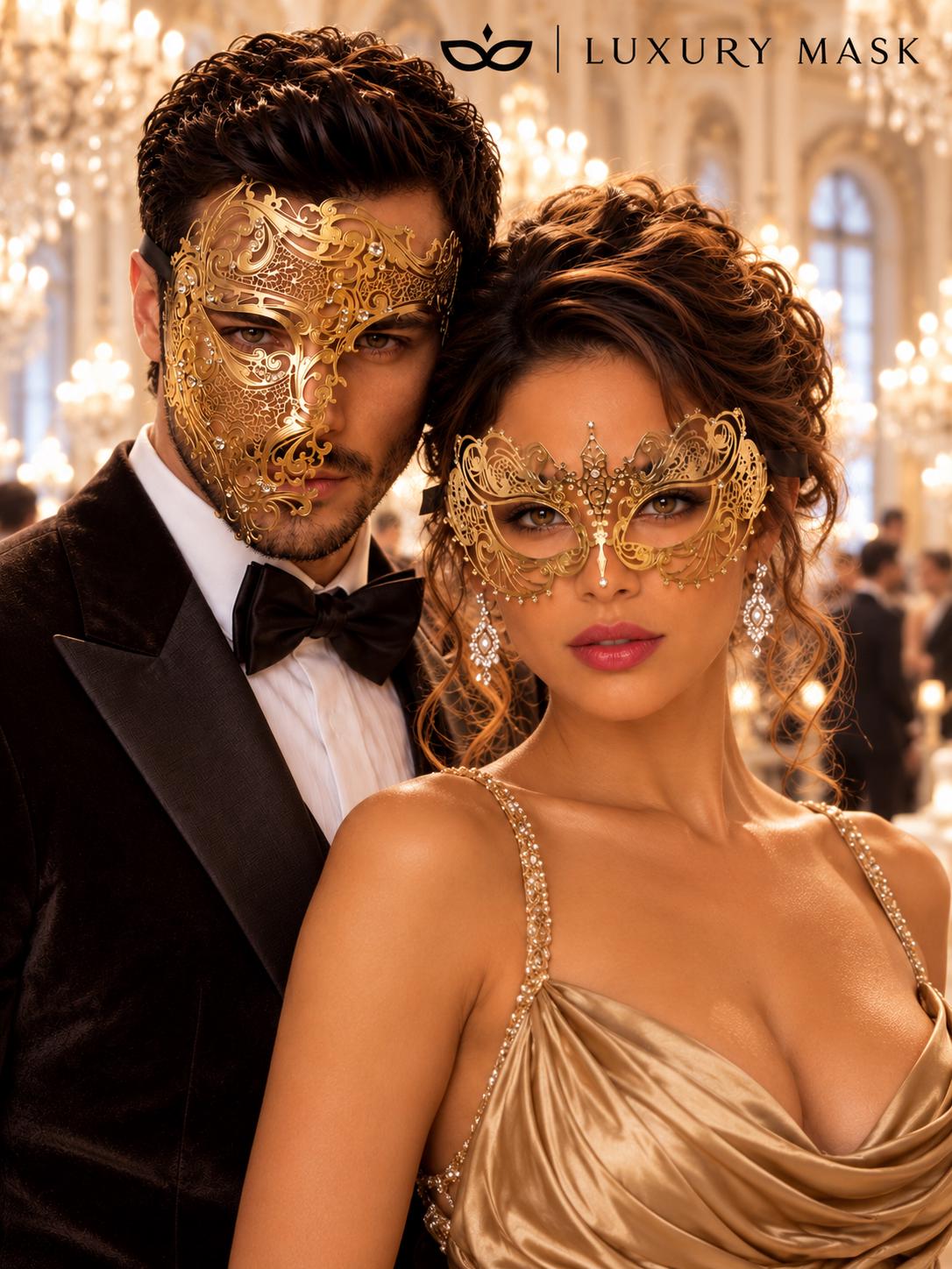 Gold Clear Stone Metal Mask for Men & Gold Rhinestone Laser Cut Mask for Women | Venetian Masquerade Couple Set - image 2