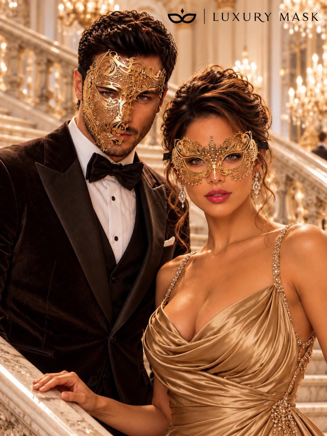 Gold Clear Stone Metal Mask for Men & Gold Rhinestone Laser Cut Mask for Women | Venetian Masquerade Couple Set - image 5