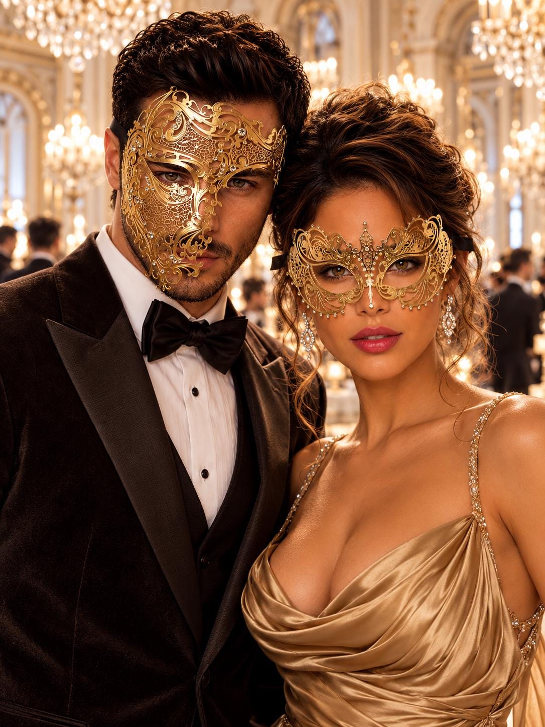 Gold Clear Stone Metal Mask for Men & Gold Rhinestone Laser Cut Mask for Women | Venetian Masquerade Couple Set - main image